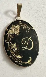 Vintage Damascene Black and Gold Initial “D” Oval Pendant Toledo Spain Monogram