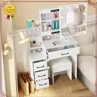 White Dressing Table Stool Set with LED Makeup Mirror and 4 Drawers Vanity Desk