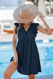 Cupshe Navy Flutter Sleeve V-Neck Mini Cover-up Dress - Navy,M