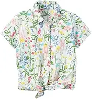[Carter's] Girl's Short Sleeve Button Down, Floral Tie-Front Shirt; White & Pink