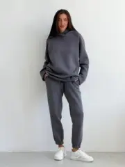 Two Piece Graphite Tracksuit For Women, Activewear, Cotton Fleece Sport Set
