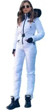 Womens Ski Jumpsuits Snowsuit Removable Fur Collar White Medium
