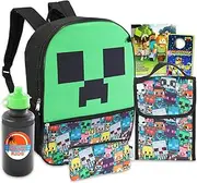 Minecraft Backpack with Lunch Bag Set - Minecraft School Backpack Set Bundle with 16” Minecraft Backpack, Minecraft Lunch Box, Water Bottle, Pencil Pouch, Stickers, More | Minecraft Backpack Kids,