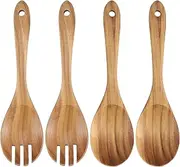 MUKLEI Set of 4 Wooden Salad Servers Tongs, Acacia Wood Salad Servers Set with 2 Wood Mixing Spoons and 2 Forks for Serving Salad, Pasta, Fruit, Hand Carved Wooden Kitchen Utensils