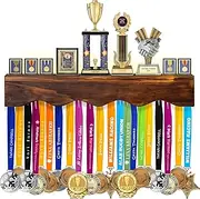 LAVIEVERT Medal Hanger Display with LED Lights, Wall-Mounted Trophy Shelf, Wooden Medal Holder Rack for Gymnastics, Soccer, Basketball, Baseball, Running Race Honors