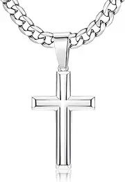 [Chriscoco] 925 Sterling Silver Cross Pendant Necklace for Men Women Stainless Steel Diamond Cut Figaro Cross Chain Necklace Polished Bevelled Edges Cross Pendant Necklace