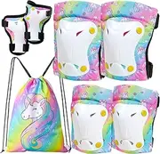 FIODAY Knee Pads for Kids Unicorn Knee Elbow Pads Wrist Guards with Drawstring Bag Adjustable Protective Gear Set for Girls Boys Inline Skating Bike Cycling Skateboard Scooter, 3-8 Years, Black