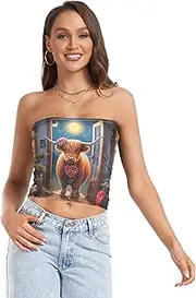 [RPLIFE] Cute Highland Cow Cropped Tube Top, Strapless Top Going Out, Sheer Tube Tops, Trendy Crop Tops (S)