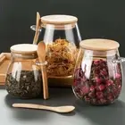 Wooden Lid Food Storage Glass Jar with Spoon Sealed Container Kitchen Supplies