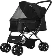 PaWz Pet Stroller Pram Dog Carrier Trailer Strollers 4 Wheels Foldable Large, Dog Stroller with Storage Basket 2 Safety Leash, Reversible Handle Folding Travel Stroller for Cats Dogs 25kg Load Black