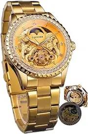 [DAXIAOYU] Gold Skeleton Watch for Men Mechanical Mens Watches Diamond Bezel Design Luxury Automatic Wristwatches Steel Strap