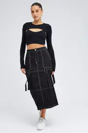 Black Cargo Skirt High Rise Elastic Two-way Midi Mini - Size 6, Women's Midi Skirt