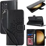 [Cavor] Wallet Case for Samsung Galaxy S23 5G 6.1'' PU Leather Case Magnetic 3D Embossed Flower Women Flip Kickstand with Card Holder Wristlet Hand Strap Protective Cover -Flower Black