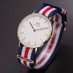 【DANIEL WELLINGTON】DANIEL WELLINGTON帆布風格時尚腕錶藍白紅+玫瑰金-36MM-DW00100030