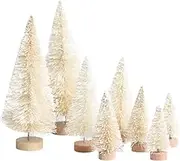8 Pcs Artificial Mini Christmas Trees, Miniature Pine Trees Sisal Trees with Wood Base Tabletop Christmas Tree for Christmas Xmas Holiday New Year (White, 8 pcs)