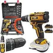 21V Cordless Impact Drill – Dual-Speed (0-1500 RPM) Hammer Drill with 2 Batteries, 25 Torque Settings & All-Metal Chuck for Concrete, Metal, Tile, DIY & Construction (Yellow)
