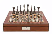 Dal Rossi Italy Staunton Metal Chess Set 16" Walnut Finish Board with compartments