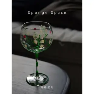 Sponge Space中古花朵紅酒杯高腳杯葡萄酒杯手繪ins禮物水晶玻璃