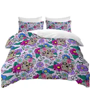 Purplish Sugar Skulls and Flowers Quilt Cover