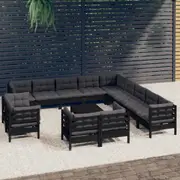 vidaXL 14 Piece Garden Lounge Set with Cushions Black Solid Pinewood