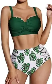 [Ekouaer] Swimsuit for Women High Waisted Bikini Tummy Control 2 Piece Swimwear Bathing Suits, S-4XL