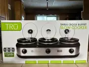 TRU Triple Slow Cooker Crock Pot Buffet Server Set - 3 Round Inserts SILVER