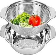 2PCS Stainless Steel Colander Set with Mixing Bowl, 2 Quart Colander Strainer Bowl Set with Handle, Rice Strainer Washer Fruit Cleaner Bowl, Micro Perforated Strainer for Draining Pasta Noodles Fruits