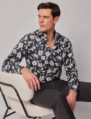Hawes & Curtis Navy & White Floral Slim Curtis Shirt | High Collar Size: XXXL
