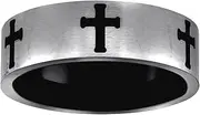 [JewelryWeb] Stainless Steel Mens Black Laser Engraved Irish Claddagh Celtic Trinity Knot Religious Faith Cross Brushed Comfort-Fit Fashion Band Ring Wedding-Band for Men