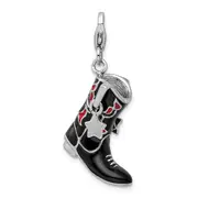 Sterling Silver Amore La Vita Rhodium-Plated Polished 3-D Black Red Enameled Cowboy Boot Charm With Fancy Lobster Clasp