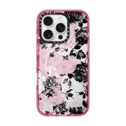 iPhone 16 Pro Impact Case MagSafe Compatible Black and White Roses Flowers Pattern in Crackling Paint on Transparent Background