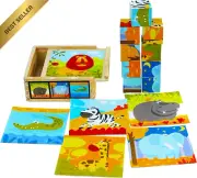 TOWO Wooden Cube Jigsaw Puzzle 9 Cubes 6 Wild Animals 2-Year-Olds