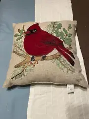 St Nicolas Square red Cardinal Decorative Embroidered pillow Burlap 18”