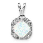 14k White Gold Cushion Created Opal and Real Diamond Pendant