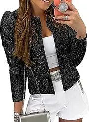 [Sydotuor] Women's Party Sparkly Sequin Jacket Puff Long Sleeve Shiny Crop Blazer Open Front Coat Club