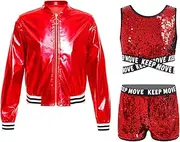 inhzoy Kids Girls Sparkly Sequins Dance Outfit Metallic Jacket Crop Tank Top with Shorts Set Performance Costume