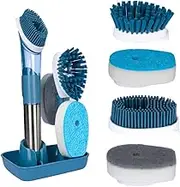 Da&Co Dish Brush Soap Dispensing Set, New Improved Mold from September 2023, Kitchen Brush with Storage Holder, 4 Brush Replacement Heads, Stainless Steel Handle, Kitchen Scrub Brush for Dishes Sink