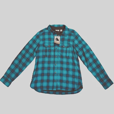 LL Bean Shirt Womens XS Blue Teal Plaid Button Down Shirt Long Sleeve Roll Up
