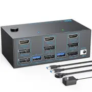 8K KVM Switch 3 Monitors 2 Computers Triple Monitor 2 Displayport 1.4 and HDMI 2