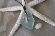 Hawaiian Jewelry Sea Glass Necklace, Seafoam Turtle Necklace Leather Cord