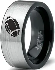 Tungsten American Football Ball Band Ring 8mm Men Women Comfort Fit Brushed Gray Flat Cut Black Polished Size 14