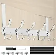 Tanstic 1Pc Silver Stainless Steel Over The Door Hook Kit with Screwdriver, Sponge, Screws - Modern Door Mount Hook for Clothes, Coats, Towels, Hats, Backpacks