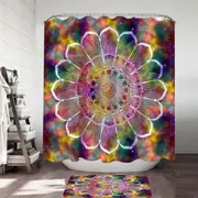 White Flower Mandala over Colorful Space Shower Curtain