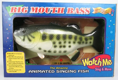 Big Mouth Bass, "The Amazing Animated Singing Fish" Motion Button 1999 RARE NIB