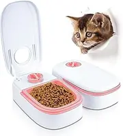 JINDUN Automatic 2 Meals Cat Feeder 350ML, Pet Feeder with Timer, Timed and Portion Control for Dry or Semi-Moist Food, Food Dispenser for Cat and Dog, 48-Hour Timed-Pink