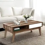 Artiss Coffee Table Rattan Small Side Tables, Home Furniture Living Room Office, with Storage Drawers Shelf Solid Wood Legs Walnut White Particle Board Modern Scandinavia Style Sturdy