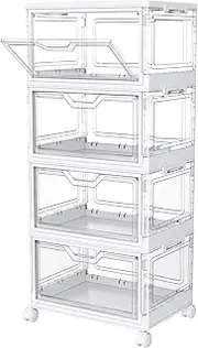 Clear Storage Bins with Lids, 4 Tier Stackable Plastic Bins with Wheels, Collapsible & Foldable Closet Organizers for Bedroom, Living Room, Office, Toy Storage, 23 QT Magnetic Door
