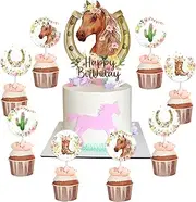 25Pcs Horse Cake Toppers for Girls Birthday, Western Cowgirl Cupcake Toppers With Boots for Girl's Racing Birthday Cake Decorations