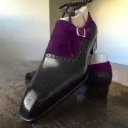 Handmade Men's Black Purple Cowhide Leather Single Monk Chiseled Toe Dress Shoes