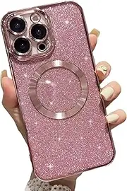 ELEPIK for iPhone 14 Pro Case with Camera Protector, [Full Camera Cover Protection] [Compatible with MagSafe] [Glitter Bling Plating] Clear Magnetic Slim Phone Case 6.1 inch, Pink